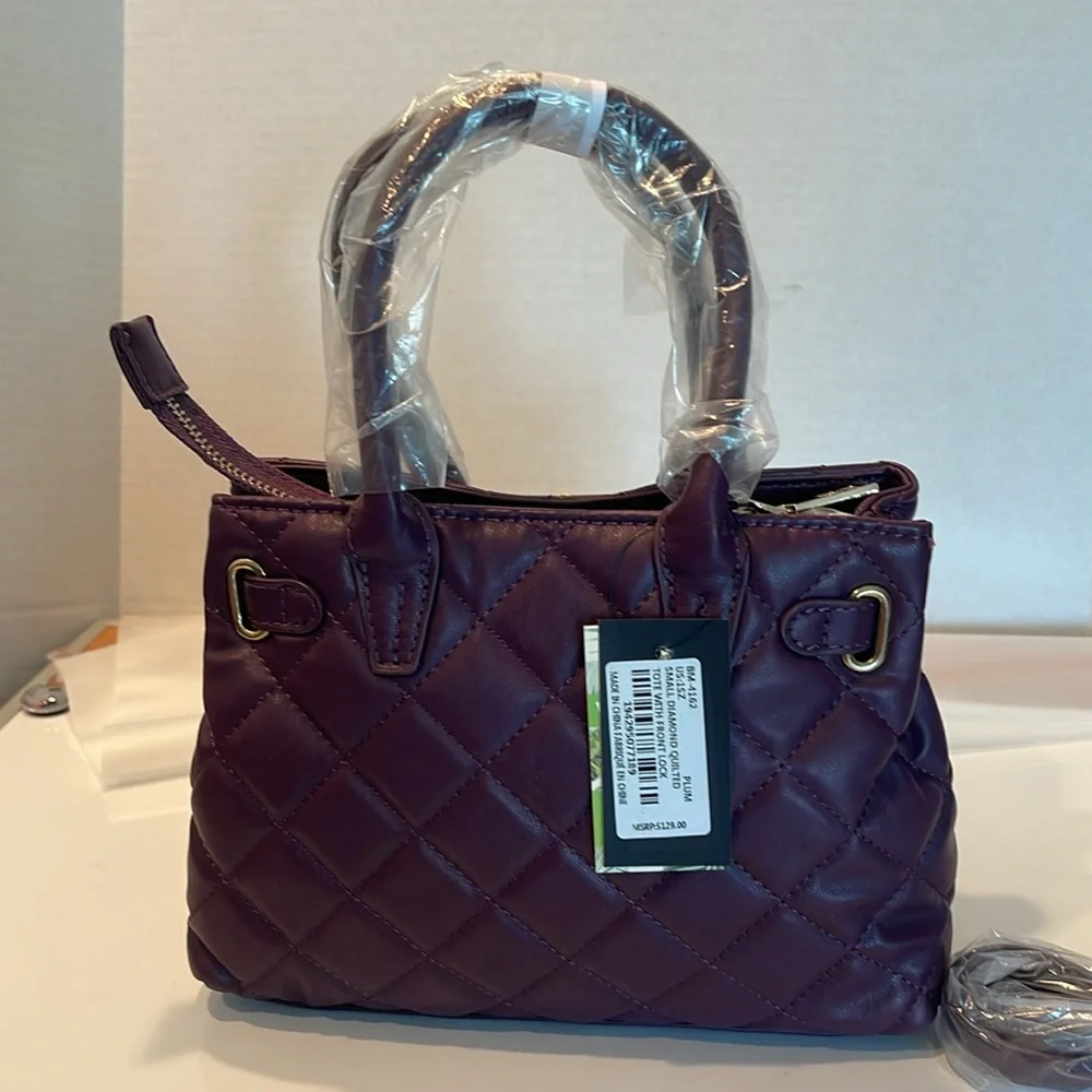 NWT Badgley Mischka Small Diamond quilted tote with lock plum‎ Handbag Crossbody